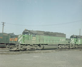 Burlington Northern diesel locomotive 6385 at Pasco, Washington in 1980.