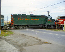 Western Pacific Railroad diesel locomotive WP 3541, circa 1955.