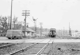 Northern Pacific diesel locomotive 335 at Tacoma-McCarver St, Washington, in 1962.