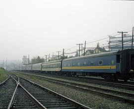 VIA Rail Canada passenger train at New Westminster, British Columbia, circa 1985.