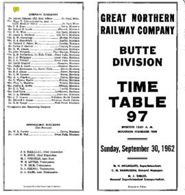 Great Northern Railway (GN) Butte Division Employee Timetable Number 97, September 30, 1962