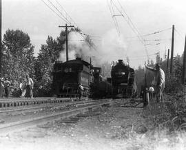 Pacific Coast Railroad and Milwaukee Road steam locomotives at Renton, Washington in 1946.