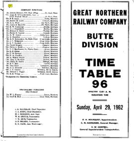 Great Northern Railway (GN) Butte Division Employee Timetable Number 96, April 29, 1962