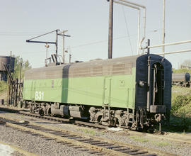 Burlington Northern diesel locomotive 831 at Vancouver, Washington in 1979.