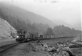 Pacific Great Eastern Railway diesel locomotive 702 at Vancouver, British Columbia on June 07, 1972.