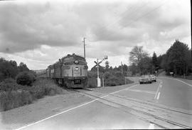 Amtrak diesel locomotives 9758 at between Tenino Junction and Rainier, Washington on June 27, 1971.