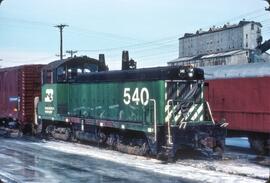 Burlington Northern diesel locomotive Number 540 at Burlington, Iowa in 1982