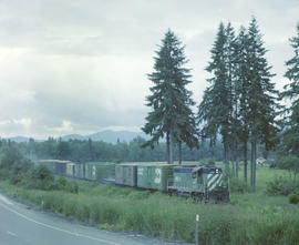 Burlington Northern diesel locomotive 1854 at Pe Ell, Washington in 1980.