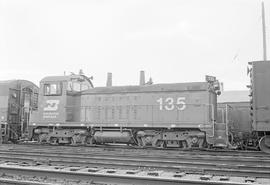 Burlington Northern diesel locomotive 135 at Minot, North Dakota in 1972.