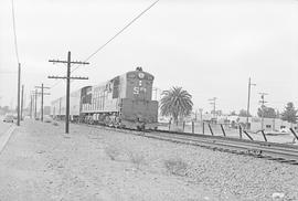 Southern Pacific Railroad diesel locomotive number 3023 at Redwood City, California in 1973.