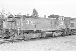 Burlington Northern diesel locomotive 322 at Hoquiam, Washington in 1976.