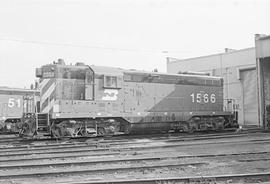 Burlington Northern diesel locomotive 1566 at Clyde, Illinois in 1972.