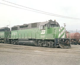 Burlington Northern diesel locomotive 2707 at Portland, Oregon in 1984.