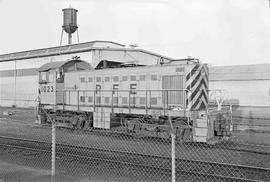 Pacific Fruit Express Diesel Locomotive Number 1023 at Roseville, California, circa 1970.