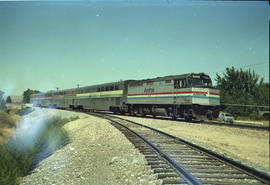 Amtrak diesel locomotive 305 leads train train 26 at Boise, Idaho on August 1, 1986.