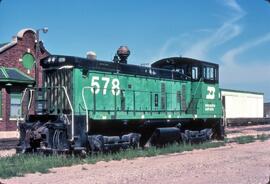 Burlington Northern diesel locomotive Number 578 at Fremont, Nebraska in 1981