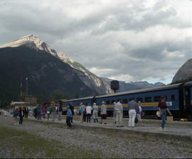 Rocky Mountaineer passenger train at Field, British Columbia on July 16, 1990.