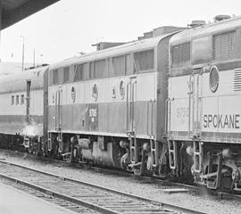 Burlington Northern diesel locomotive 9705 at Portland, Oregon, circa 1970.