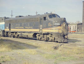 Burlington Northern diesel locomotive 712 at Tacoma, Washington, circa 1971.