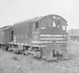 Northern Pacific diesel locomotive number 127 at Tacoma, Washington, circa 1946.