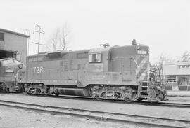 Burlington Northern diesel locomotive 1728 at Auburn, Washington in 1973.