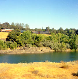 Western Pacific Railroad diesel locomotives at Oroville, California, circa 1982.