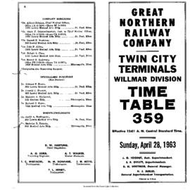 Great Northern Railway (GN) Twin City Terminals Employee Timetable Number 359, April 28, 1963