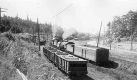 Chicago Milwaukee St. Paul and Pacific Railroad locomotives at Maple Valley, Washington, circa 1950.