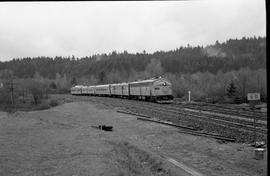 Amtrak diesel locomotive 332 at Vader, Washington in June 1975.