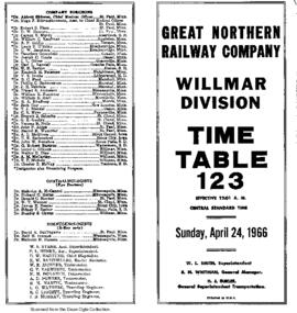 Great Northern Railway (GN) Willmar Division Employee Timetable Number 123, April 24, 1966