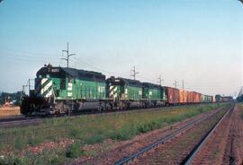 Burlington Northern Diesel Locomotives Number 6377, Number 6801, and Number 8162 in Fridley, Minn...