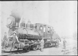 Northern Pacific steam locomotive 329 at Kalama, Washington, circa 1885.