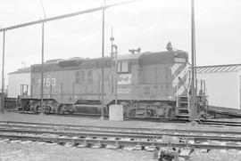 Burlington Northern diesel locomotive 1753 at Parkwater, Washington in 1976.