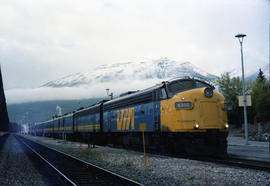 VIA Rail Canada diesel locomotive 6302 at Jasper, Alberta in July 1986.