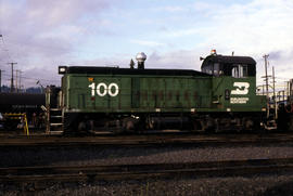 Burlington Northern Railroad Company diesel locomotive 100 at Portland, Oregon in 1981.