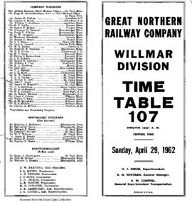 Great Northern Railway (GN) Willmar Division Employee Timetable Number 107, April 29, 1962