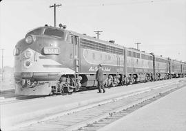 Northern Pacific diesel locomotive number 6508 at Pasco, Washington, in 1949.