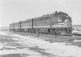 Northern Pacific diesel locomotive number 6008 at Glendive, Montana, in 1950.