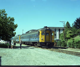 Esquimalt & Nanaimo Railway passenger train 6133 at Duncan, British Columbia on July 12, 1990.