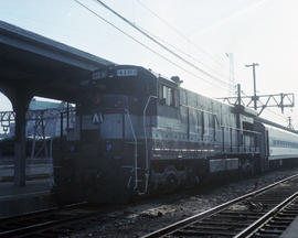 New Jersey Transit Lines diesel locomotive 4183 at Hoboken, New Jersey in April 1988.