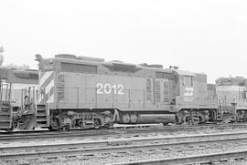 Burlington Northern diesel locomotive 2012 at Minneapolis, Minnesota in 1972.