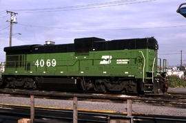 Burlington Northern Railroad Company diesel locomotive 4069 at Portland, Oregon in 1984.