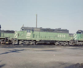 Burlington Northern diesel locomotive 2505 at Pasco, Washington in 1980.