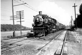 Northern Pacific steam locomotive 2605 at Black River, Washington, circa 1940.