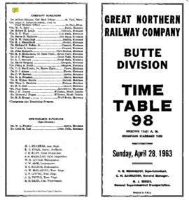 Great Northern Railway (GN) Butte Division Employee Timetable Number 98, April 28, 1963