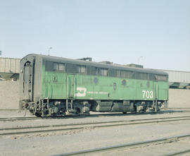 Burlington Northern diesel locomotive 703 at Pasco, Washington in 1980.