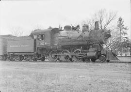 Northern Pacific steam locomotive 328 at Rush City, Minnesota, in 1950.