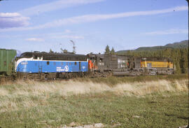 Diesel Locomotives Burlington Northern 4264 and 694 with Southern Pacific 7806 at Trego, Montana,...