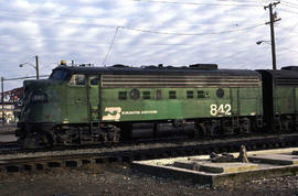 Burlington Northern Railroad Company diesel locomotive 842 at Portland, Oregon in 1978.