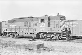 Burlington Northern diesel locomotive 1901 at Auburn, Washington in 1976.